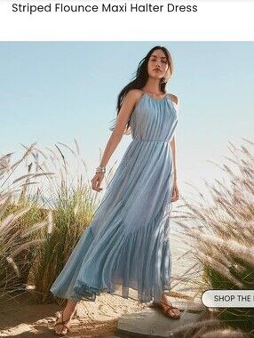 LOFT Striped Flounce Maxi Halter Dress - Light Blue
